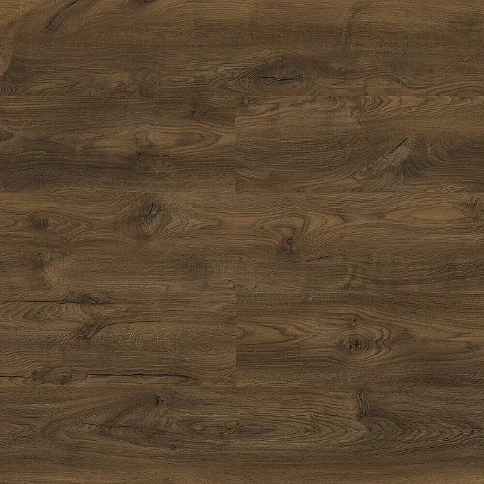 LOGOCLIC Laminado Roble Florencia - 1.380 x 193 x 10 mm, Roble, AC5 - Primer plano de un suelo laminado oscuro con vetas de madera pronunciadas, ideal para interiores rústicos.