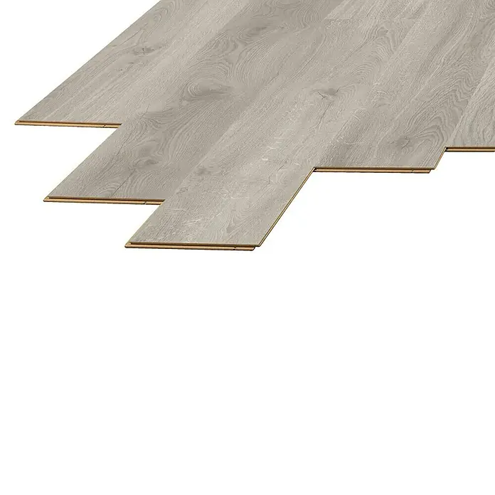 LOGOCLIC Laminado Roble Lunar - 1.380 x 193 x 8 mm, AC4 - Primer plano de suelo laminado gris claro, que muestra el mecanismo de encaje y la textura de la veta de la madera. Ideal para interiores modernos.
