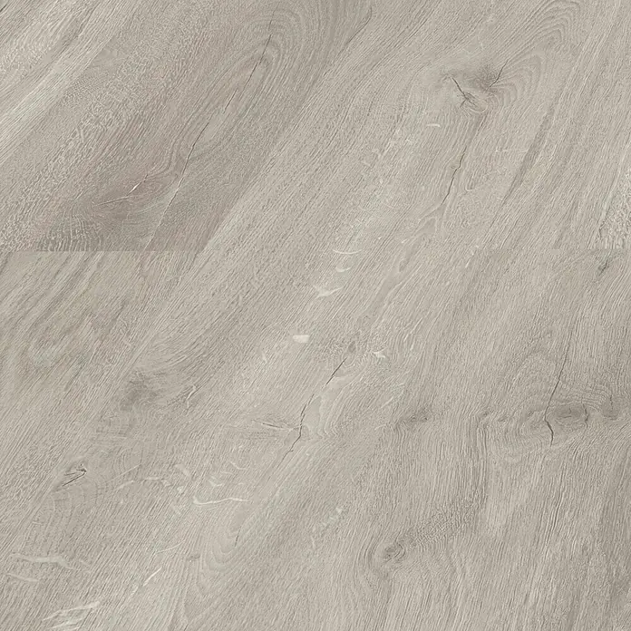 LOGOCLIC Laminado Roble Lunar - 1.380 x 193 x 8 mm, AC4 - Detalle de un suelo laminado gris claro con aspecto de madera natural y vetas finas.