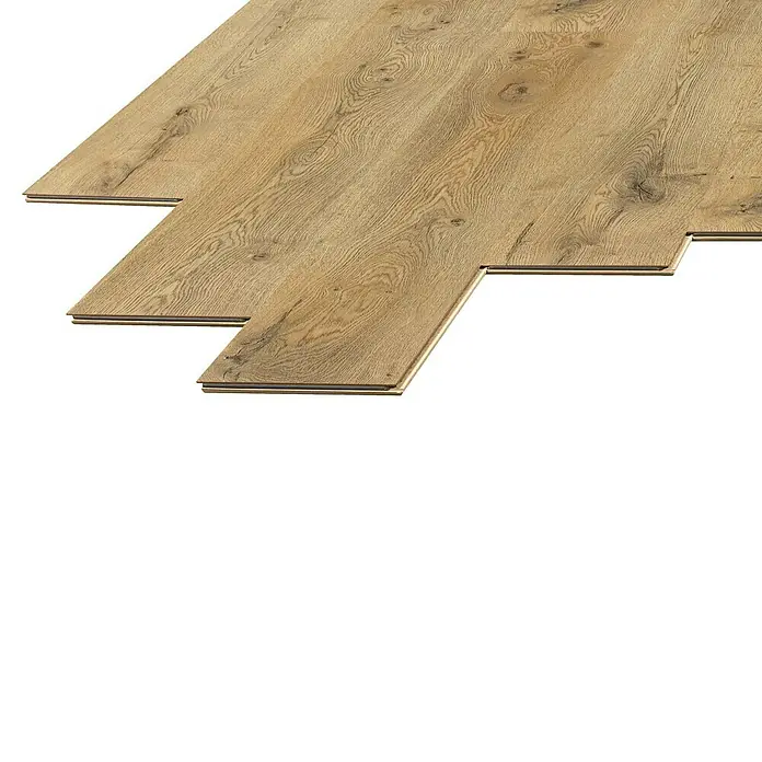 LOGOCLIC Laminado Roble Massai - 1.380 x 193 x 8 mm, Roble, AC4 - Un primer plano muestra suelos laminados entrelazados en un cálido tono de madera, perfecto para espacios de vida modernos.
