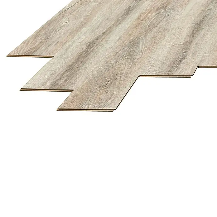 LOGOCLIC Laminado Roble Glasgow - 1.380 x 193 x 8 mm, AC4 - Instalación de suelo laminado claro con un patrón de madera, creando un ambiente moderno y acogedor. Ideal para cualquier espacio habitable.