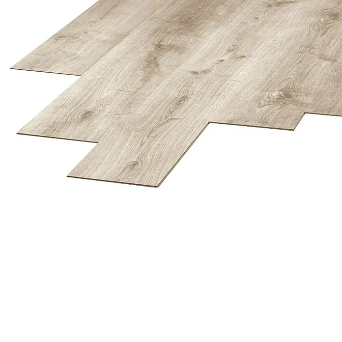 LOGOCLIC Laminado Roble Calgary - 1.380 x 193 x 7 mm, AC5 - Una imagen detallada de tablones de suelo laminado de color claro, colocados uno encima del otro que muestran una veta de madera realista.