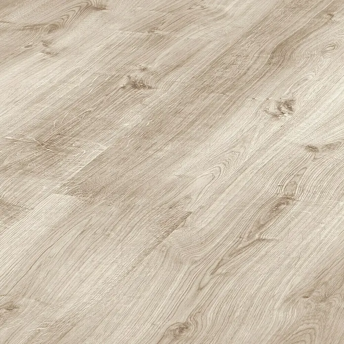 LOGOCLIC Laminado Roble Calgary - 1.380 x 193 x 7 mm, AC5 - Textura de suelo de madera clara con grano natural, ideal para interiores modernos. La superficie ofrece un ambiente cálido y acogedor.