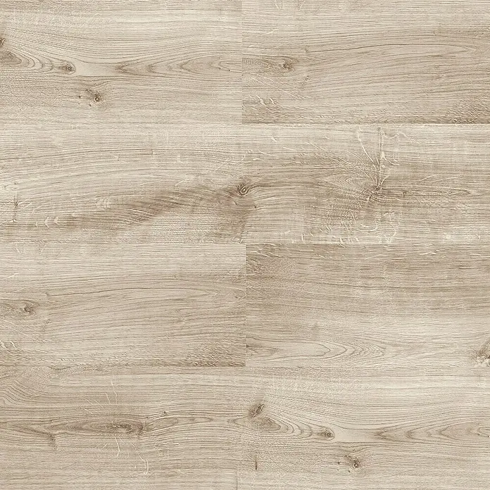 LOGOCLIC Laminado Roble Calgary - 1.380 x 193 x 7 mm, AC5 - Primer plano de suelo laminado claro con detalles de vetas de madera. Las tablas muestran sutiles variaciones de color y patrones naturales para una apariencia auténtica.