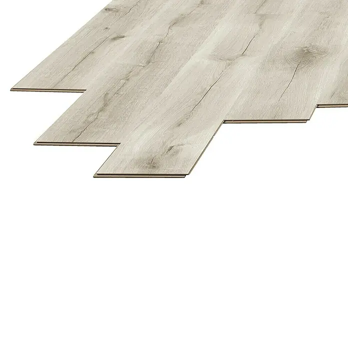 LOGOCLIC Laminado Roble Madox - 1.380 x 193 x 8 mm, AC4 - Primer plano de suelo laminado con aspecto de madera clara que muestra los detalles de la veta natural y el sistema de unión.