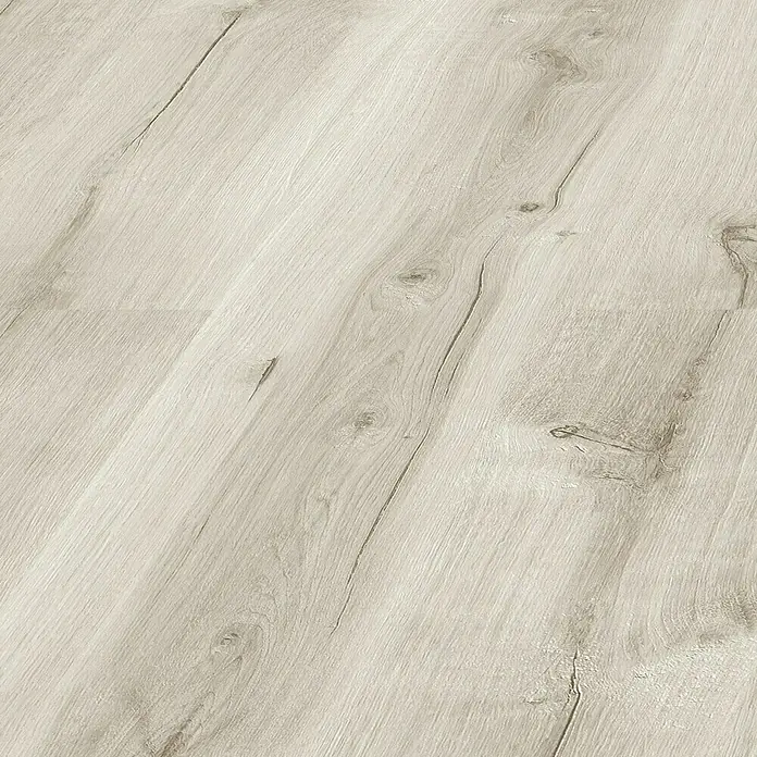 LOGOCLIC Laminado Roble Madox - 1.380 x 193 x 8 mm, AC4 - Primer plano de suelo laminado claro con vetas de madera y nudos, perfecto para interiores modernos.