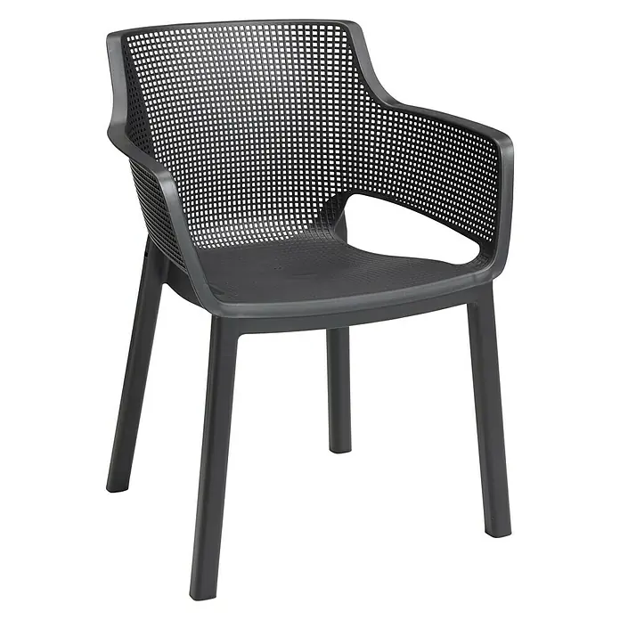 Keter Silla de jardín Elisa - 53 x 62 x 78,4 cm, Polipropileno, Antracita - Silla apilable gris moderna con reposabrazos y un patrón perforado para uso interior y exterior. Es elegante y funcional.