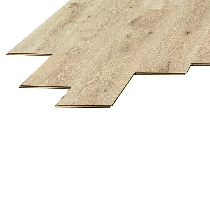 LOGOCLIC Laminado Roble Habana - 1.380 x 193 x 8 mm, Roble, AC4 - La imagen muestra laminado de madera en formato de listones, unidos por un sistema de clic, con un aspecto de madera clara y vetas visibles.
