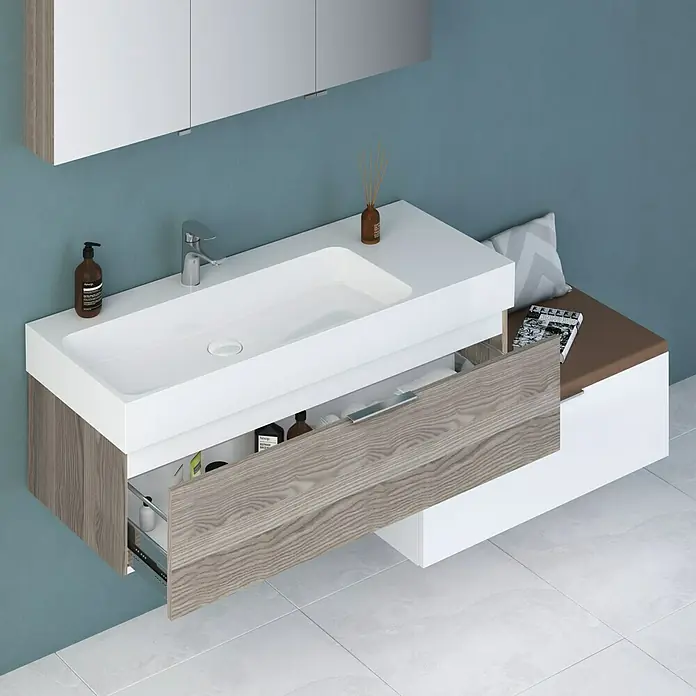 Camargue Cube Waschtischunterschrank - 120 x 48 x 30 cm, Eiche Cordoba - Modernes Badezimmer-Waschbecken mit offenem Holzschubfach und minimalistischem Design für stilvolle Badezimmer.