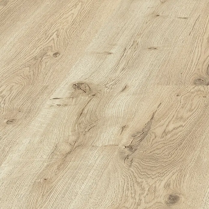 LOGOCLIC Laminado Roble Habana - 1.380 x 193 x 8 mm, Roble, AC4 - Primer plano de suelo laminado claro con nudos y vetas.