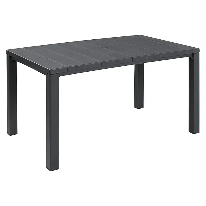 Keter Mesa de jardín Julie - L x An x Al: 149 x 92 x 75 cm, Polipropileno, Grafito - Una mesa de comedor gris con un tablero de listones y un agujero en el centro. Perfecto para uso exterior.