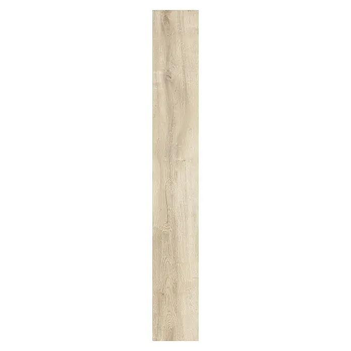 LOGOCLIC Laminado Roble Europe - 1.380 x 193 x 8 mm, Roble, AC5 - Un solo panel alargado que muestra un suave patrón de vetas de madera natural en tonos claros. Perfecto para interiores modernos.