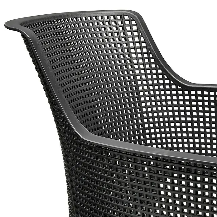 Keter Silla de jardín Elisa - 53 x 62 x 78,4 cm, Polipropileno, Antracita - Vista detallada de una silla de cesto negra con un llamativo patrón de rejilla. La silla tiene un aspecto moderno y elegante.