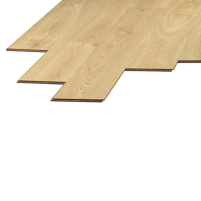 LOGOCLIC Laminado Roble Olsen - 1.380 x 193 x 8 mm, Roble, AC5 - Detalle de paneles de suelo laminado con diseño de madera clara, ofreciendo un ambiente moderno y cálido.