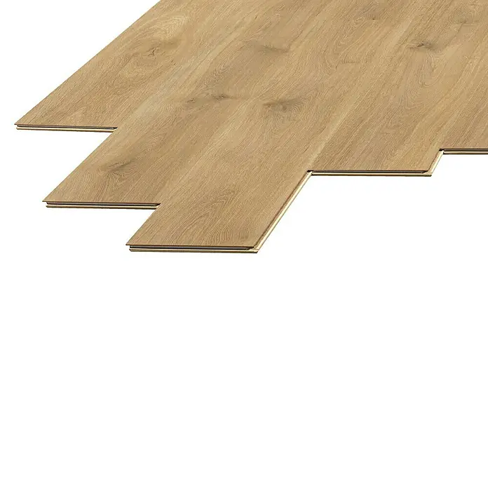 LOGOCLIC Laminado Roble Di Trevi - 1.380 x 193 x 8 mm, Roble, AC5 - Primer plano de suelos laminados que destaca el diseño de vetas de madera y los mecanismos de enclavamiento, ideales para interiores modernos.
