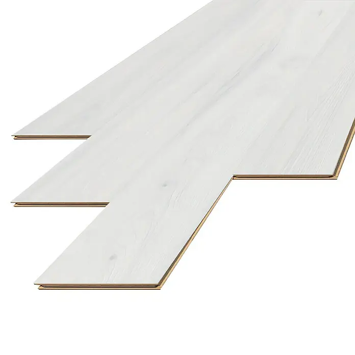 LOGOCLIC Laminado Roble Bruma - 1.380 x 193 x 10 mm, AC5 - Tres paneles de suelo laminado encalado, que muestran la veta natural de la madera para un diseño moderno y luminoso.