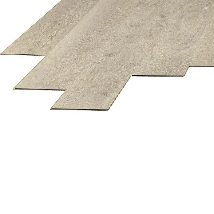 LOGOCLIC Laminado Roble Ferrara - 1.380 x 193 x 8 mm, AC4 - Primer plano de suelo laminado con un patrón de grano de madera clara, ideal para diseño de interiores moderno y renovación.