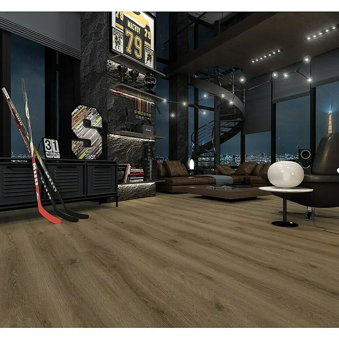 LOGOCLIC Laminado Roble Alter - 1.380 x 193 x 8 mm, Roble, AC4 - Un lujoso salón con un suelo de madera marrón claro que irradia calidez y elegancia, con muebles modernos y equipo de hockey.