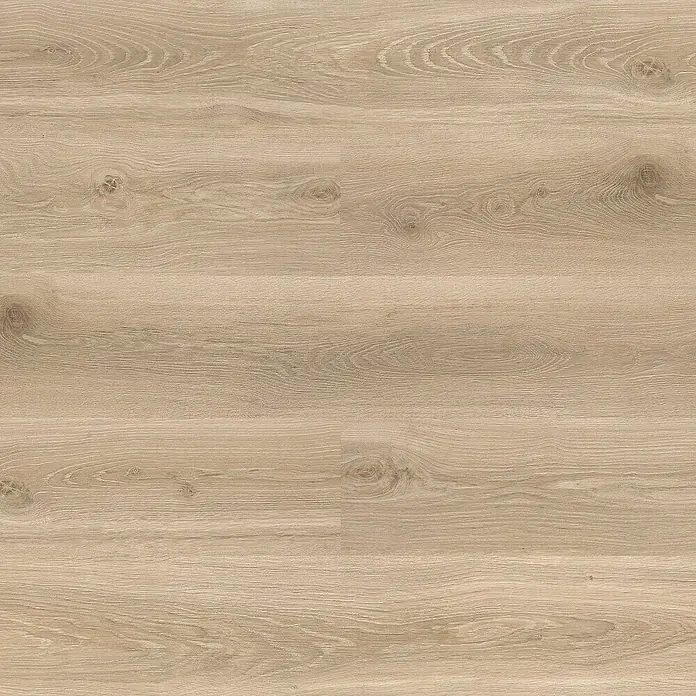 LOGOCLIC Laminado Roble Venecia - 1.380 x 193 x 10 mm, Roble, AC5 - Primer plano de un suelo laminado de madera clara, que muestra sutiles patrones de vetas y nudos, ideal para espacios habitables contemporáneos.