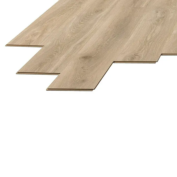 LOGOCLIC Laminado Roble Venecia - 1.380 x 193 x 10 mm, Roble, AC5 - Varias planchas de laminado claro están apiladas escalonadamente una encima de otra, mostrando su veta de madera.