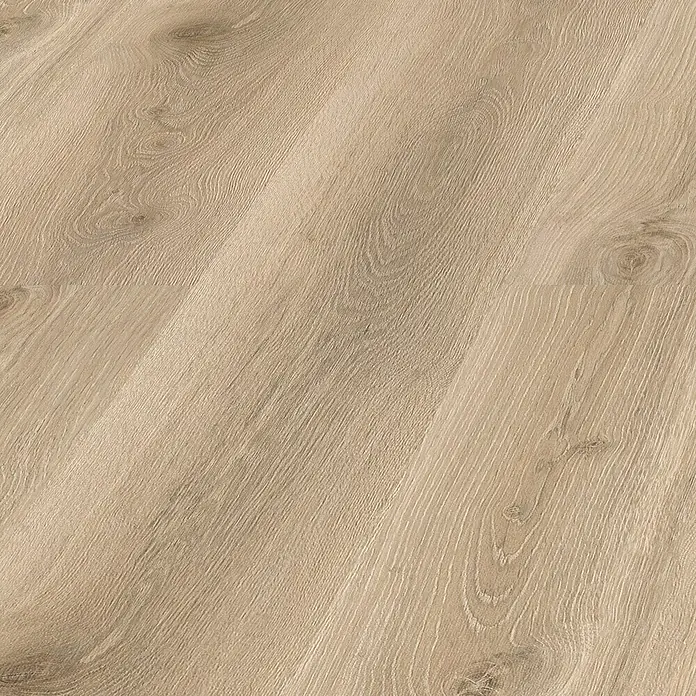 LOGOCLIC Laminado Roble Venecia - 1.380 x 193 x 10 mm, Roble, AC5 - Un primer plano de un piso laminado claro con aspecto de madera que destaca la veta natural y la textura del material.