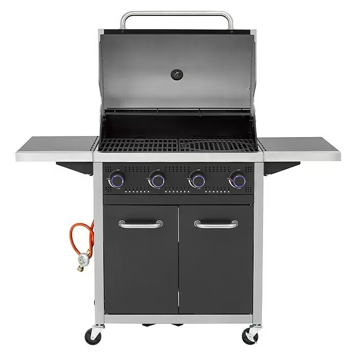 Tepro Gasgrill Seattle - Grillfläche (B x T): 71 x 43 cm, 12,8 kW, Anzahl Brenner: 4 - Schwarz-silberner Gasgrill mit offenem Deckel, sichtbaren Rosten, Bedienknöpfen, Seitenablagen, Schranktüren und Gasregler, auf Rollen.
