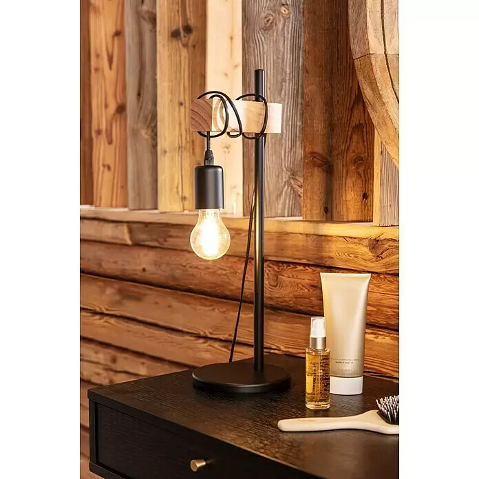 Eglo Townshend Tischleuchte - 10 W, L x B x H: 17,5 x 15,5 x 50 cm, Schwarz, Braun, E27 - Stimmungsaufnahme