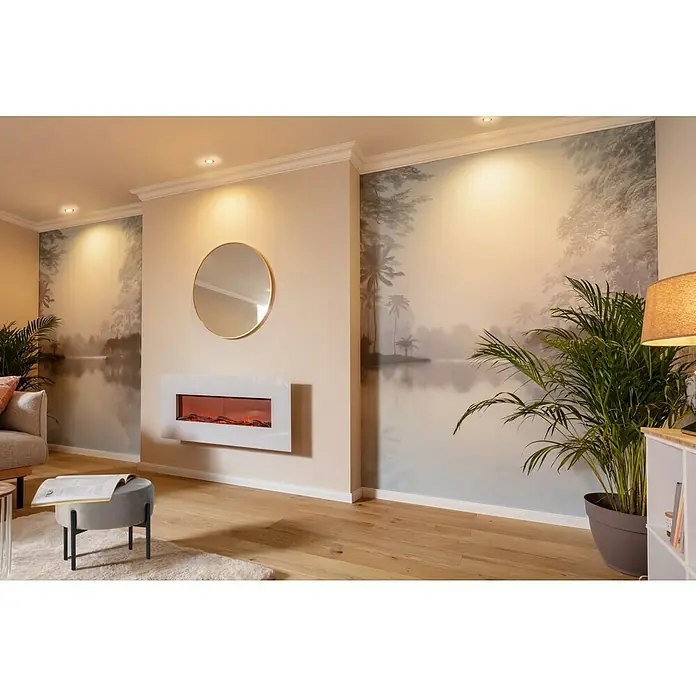 Nmc Decoflair Zierprofil Deckenleiste D10 - 2 m x 80 mm x 80 mm, Extrudiertes Polystyrol (XPS) - Wohnzimmer mit einem modernen, weißen Elektrokamin an der Wand, der eine gemütliche Atmosphäre schafft.