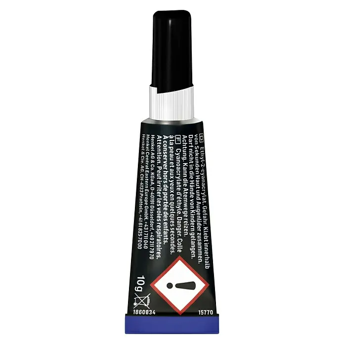 Pattex Sekundenkleber Ultra Gel XL - 10 g, Tube, Gelartig, 1 Stk. - Nahaufnahme einer Tube Sekundenkleber mit Warnhinweisen und Herstellerinformationen auf der Verpackung.