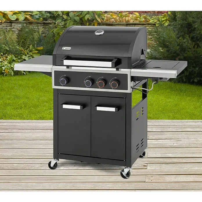 Tepro Gasgrill Seattle Plus - Grillfläche (B x T): 61 x 43 cm, 10,6 kW, Anzahl Brenner: 3 - Schwarzer Tepro Gasgrill mit praktischen Seitenablagen und Unterschrank für komfortables Grillen im Freien.