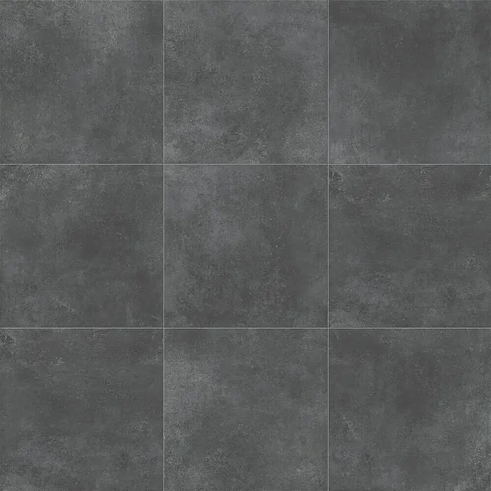 Domicil Feinsteinzeugfliese Living Concrete Urban - 60 x 60 cm, Anthrazit, Matt - Neun anthrazitfarbene Fliesen bilden ein quadratisches Muster, das eine moderne und robuste Oberfläche zeigt.\n