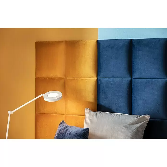 Fllow Wandpolster Velvet - Blau, L x B: 30 x 30 cm - Gold- und blaufarbene Samtwandpaneele als dekoratives Kopfteil.