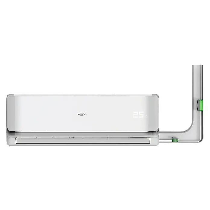 Bomba de condensación Mini P16 - 4,7 x 12,6 x 5,3 cm - Imagen de un moderno aire acondicionado AUX blanco montado en la pared, con una pantalla digital que muestra 25 grados Celsius.