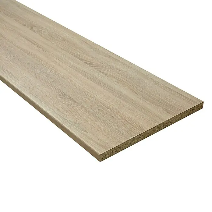 Arbeitsplatte - 260 x 61 x 3,8 cm, Sonoma Eiche - Nahaufnahme einer hellen Holzplatte mit Maserung. Ideal für Möbelbau oder Innenausbau.