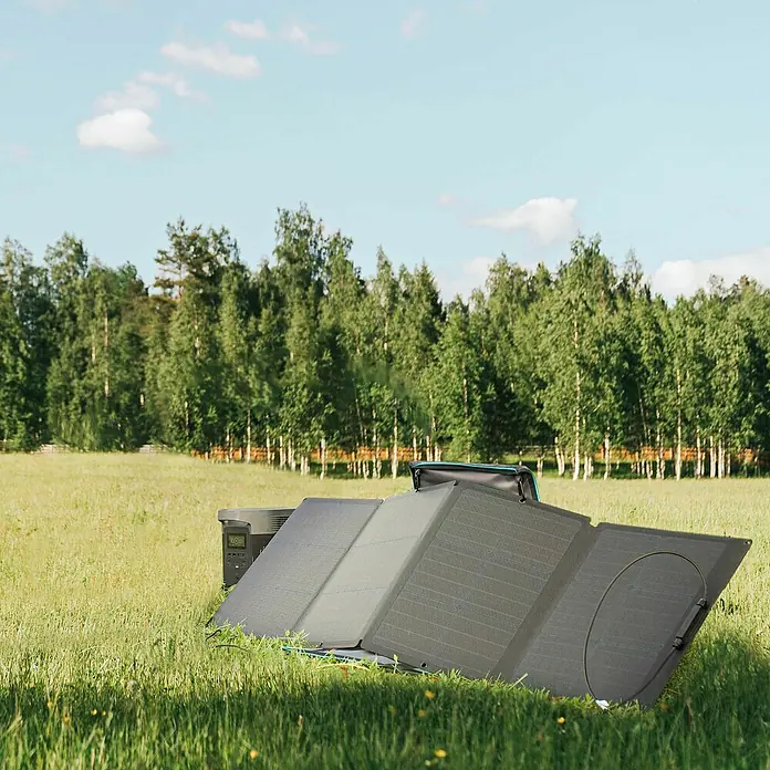 EcoFlow Panel solar Plegable - L x An x Al: 178,5 x 42 x 2,5 cm, 110 W - Una estación de energía portátil y un panel solar colocados al aire libre en un campo verde, recolección de energía ecológica sobre la marcha.