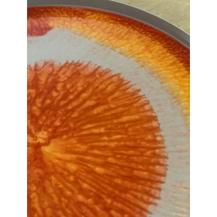 Fleur Pigmento concentrado Polvo metálico - Rojo atardecer, 5 g - Primer plano de un posavasos de resina naranja con detalles blancos y amarillos engastado en un marco plateado.