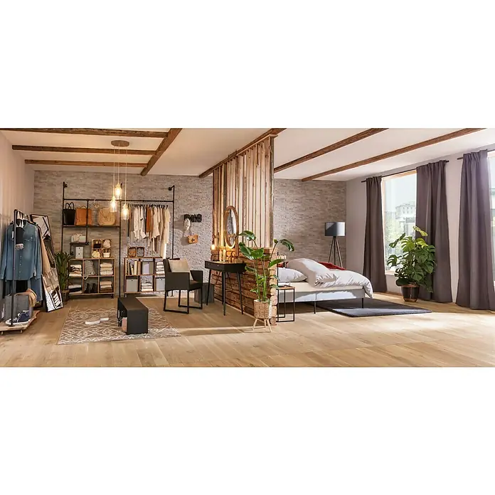 SCHÖNER WOHNEN-Farbe Wandfarbe Trendfarbe - Dreamy, Matt, 5 l, Konservierungsmittelfrei - Einladendes Schlafzimmer mit begehbarem Kleiderschrank, modernem Schminktisch und einem bequemen Bett für erholsame Nächte und stilvolles Wohnen.