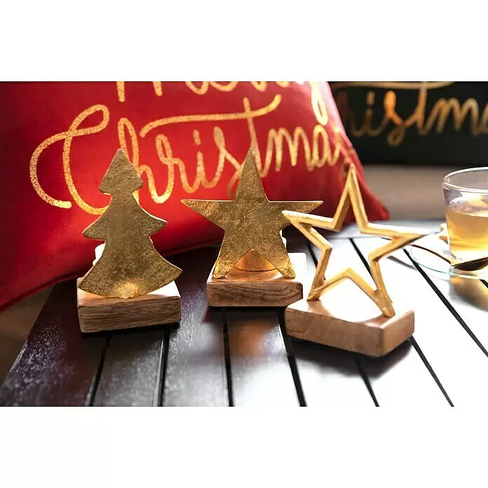 Dekofigur Stern, Tanne und Elch auf Holzsockel - L x B x H: 3,5 x 10 x 13 cm, Holz, Hirsch - Goldene Weihnachtsbaum- und Stern-Tischdekorationen mit Holzsockeln in festlicher Umgebung.