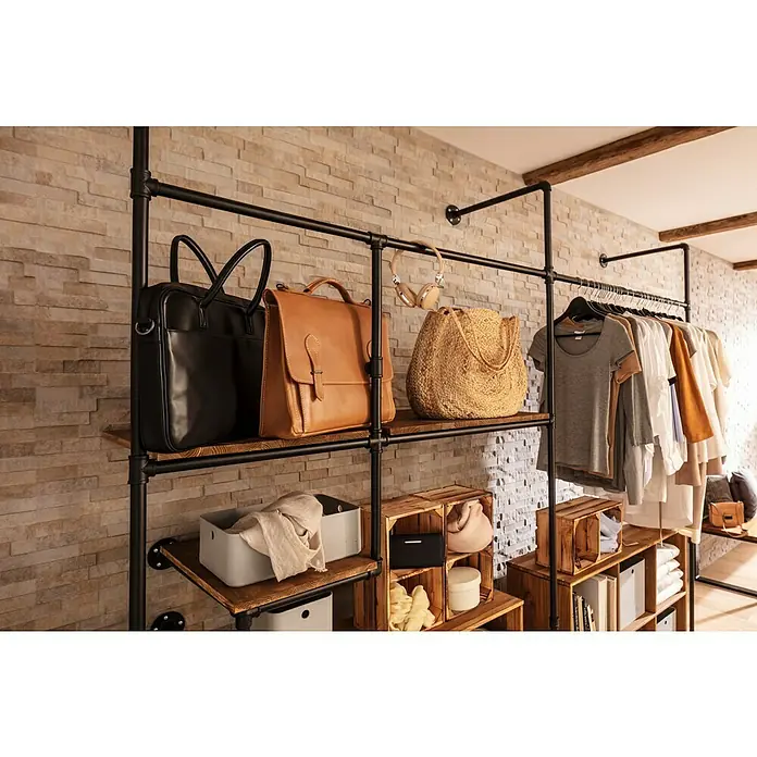 Walteco Rusticline Rohr TubeLänge: 60 mm, Stahl, Schwarz - Stilvolles Kleiderregal aus Rohren und Holz mit Taschen, Kopfhörern und Kleidung, das ein industrielles Flair in den Raum bringt.