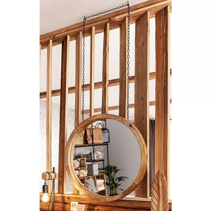 Tablas de madera vieja - Abeto rojo/abeto, Anchura resultante: 8 cm - 12 cm, 150 x 2 cm, 5 ud. - Espejo redondo de madera colgado de cadenas en un separador de ambientes rústico de madera.