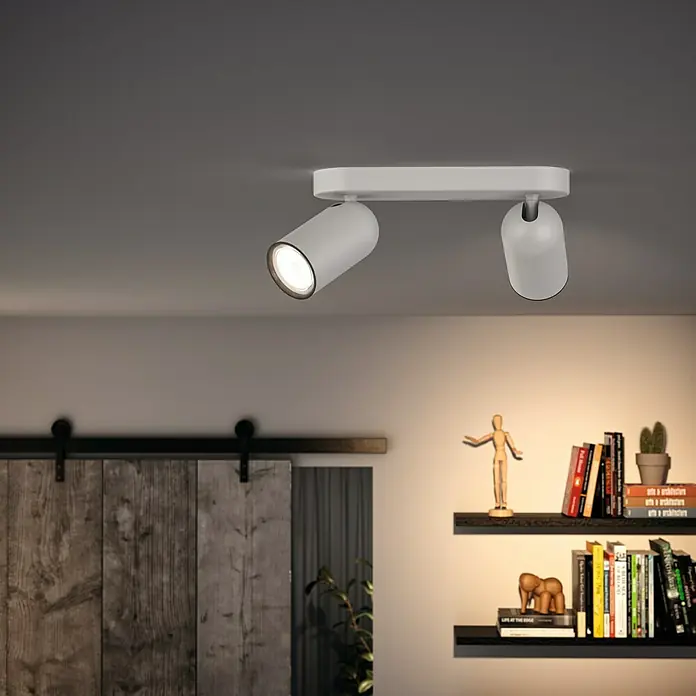 Philips Regleta Pongee - 10 W, L x An x Al: 8,2 x 24 x 12,2 mm, Blanco, GU10, 2 ud. - Lámpara de techo gris con dos focos, creando un ambiente moderno y luminoso. Ideal para espacios de estar y de trabajo con diseño elegante.