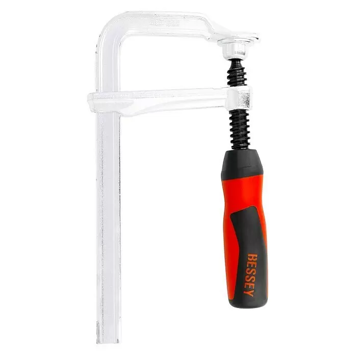 Bessey Schraubzwinge GZ16B8 - Spannweite: 160 mm, Spannkraft: 6.000 N, Ausladung: 80 mm - Hellgraue, texturierte Metallzwinge mit schwarzer Schraube und rotem, schwarzem ergonomischem BESSEY-Griff.
