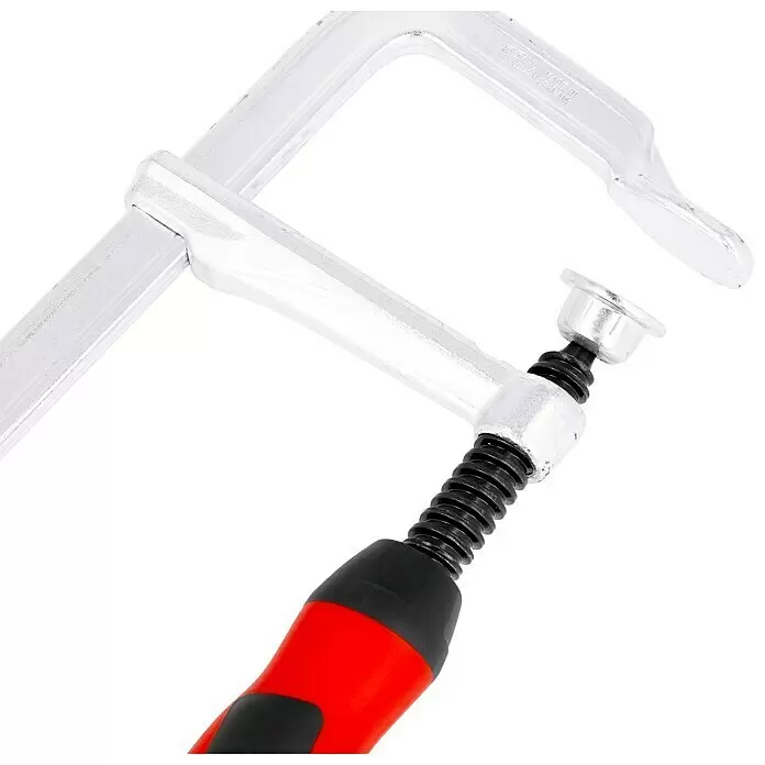 Bessey Schraubzwinge GZ16B8 - Spannweite: 160 mm, Spannkraft: 6.000 N, Ausladung: 80 mm - Silberne F-Zwinge mit schwarzer Gewindestange und rot-schwarzem ergonomischem Griff.