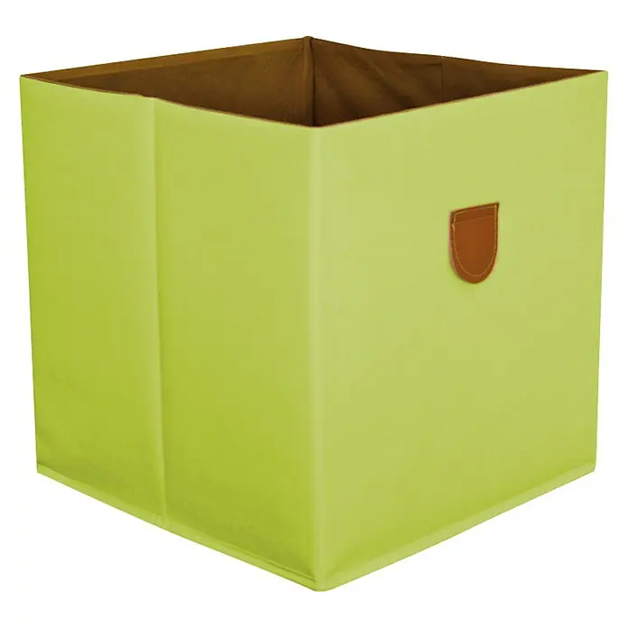 Phönix Aufbewahrungsbox Stor It - L x B x H: 34 x 34 x 34 cm, Kunststoff, Grün - Hellgrüne Aufbewahrungsbox aus Stoff mit braunem Innenfutter und braunem Griff. Die Box ist quadratisch und steht auf einem schwarzen Hintergrund.