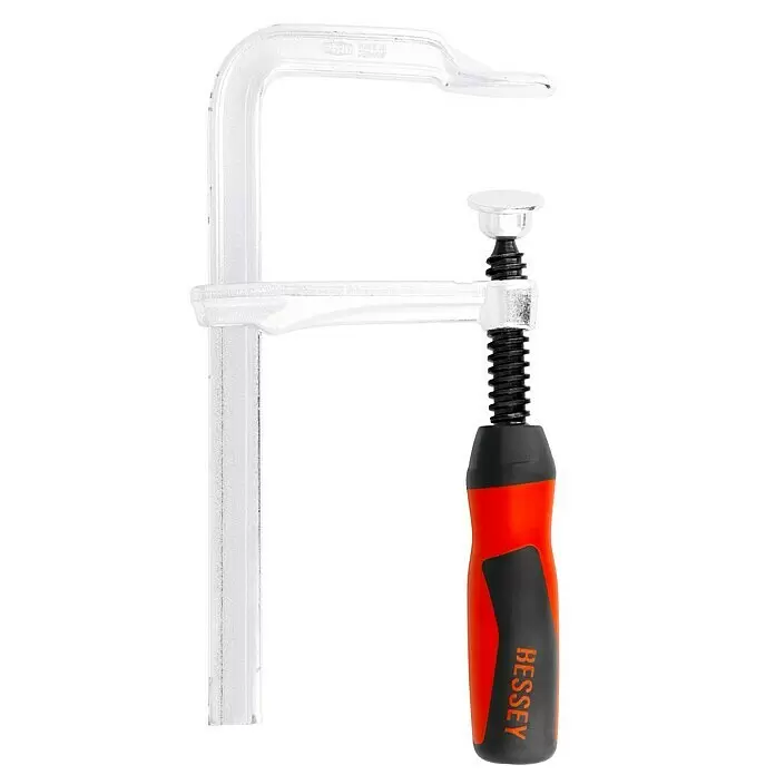 Bessey Schraubzwinge GZ16B8 - Spannweite: 160 mm, Spannkraft: 6.000 N, Ausladung: 80 mm - Eine Bessey-Klemme mit transparentem Körper, silberner Spindel und rotem-schwarzem ergonomischem Griff.
