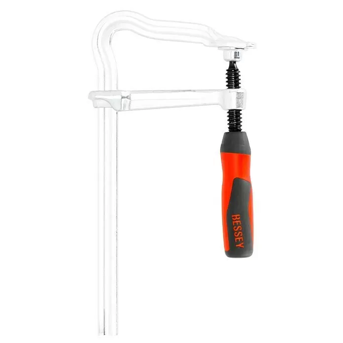 Bessey Schraubzwinge OMEGA GMZ - Spannweite: 250 mm, Spannkraft: 5.000 N, Ausladung: 120 mm - Silberne Metall-Holzbearbeitungsklemme mit schwarzer Spindel und orange-schwarzem ergonomischem BESSEY Griff.