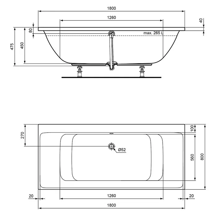 Ideal Standard Connect Air Badewanne - 180 x 80 cm, Sanitäracryl, Weiß - Eine schematische Darstellung einer freistehenden Badewanne mit Maßangaben zu Länge, Breite und Höhe in Millimetern und Liter Fassungsvermögen.