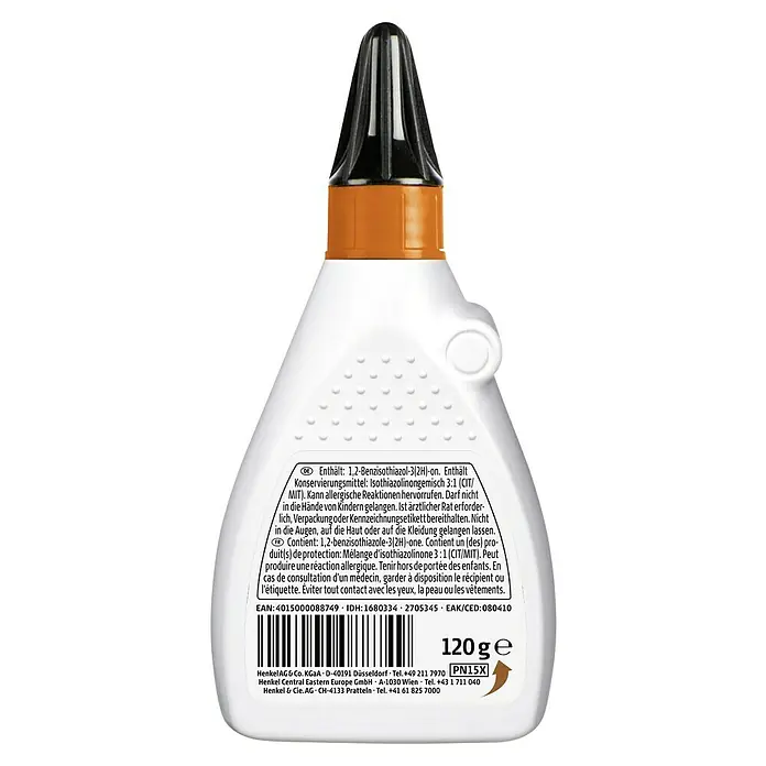 Ponal Holzleim Express - 120 g, Lösemittelfrei - Rückseite einer weißen Flasche Klebstoff mit schwarzer Spitze und Hinweisen zu Inhaltsstoffen und Gewicht.
