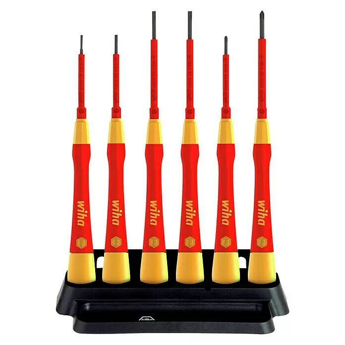Wiha Feinmechaniker-Schraubendreher PicoFinish VDE - 7 -tlg., Schlitz und Kreuzschlitz PH - Set aus sechs rot-gelben Wiha 1000V isolierten Schraubendrehern (Schlitz- und Kreuzschlitz) in schwarzem Ständer.