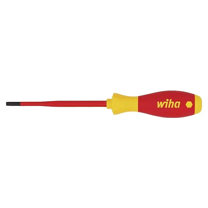 Wiha Elektriker-Schraubendreher SlimFix VDE - TX 15, Klingenlänge: 100 mm - Roter und gelber isolierter Wiha Schraubendreher mit schwarzer Torx-Spitze.